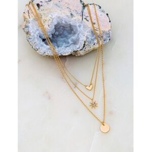 Gold Three Row Star Heart Disk Charm Necklace